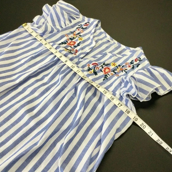 Womens Blue White Striped Floral Embroidered Ruffle Sleeve Peplum Blouse Small - Picture 5 of 9